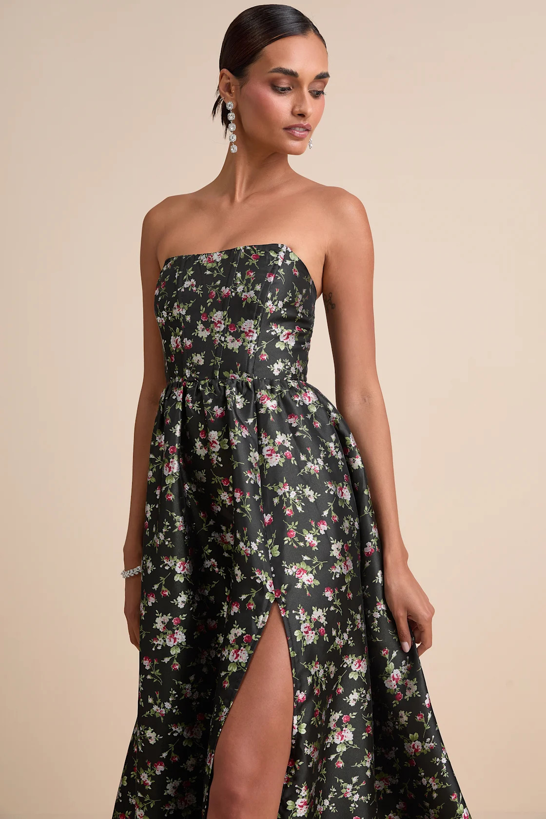 Rainie Black Floral Jacquard Strapless Lace-Up Maxi Dress | Lulus