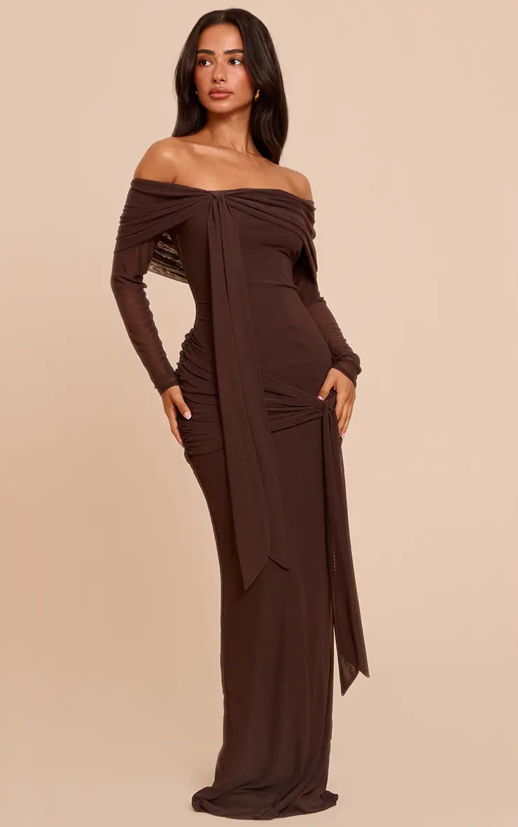 Petite Chocolate Asymmetric Long Sleeve Bardot Maxi Dress | PrettyLittleThing US
