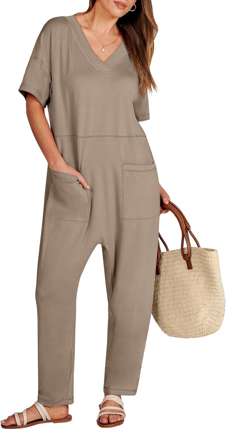 ANRABESS Jumpsuits for Women 2024 Summer Casual Pajamas Short Sleeve V Neck Harem Pants Onesie Ro... | Amazon (US)