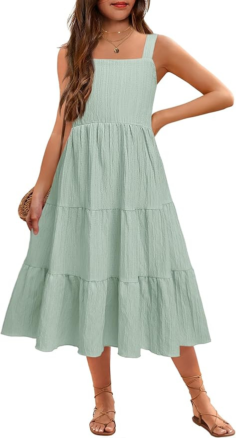 Arshiner Girl's Sundresses Summer Boho Strap Tiered Cami Maxi Dresses with Pockets | Amazon (US)