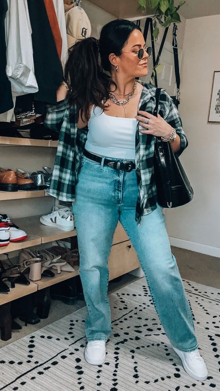 Midsize fall outfit idea - flannel plaid button down top wearing an xl (it has pockets)
Straight leg jeans size 14 
White sneakers tts 
Cropped tank large 
Bucket bag
Mixed metal accessories 

#LTKstyletip #LTKSeasonal #LTKmidsize