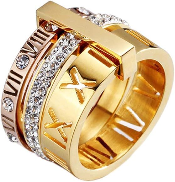 PAMTIER Women's Stainless Steel with Zirconia Roman Numerals 3 in 1 Ring | Amazon (US)