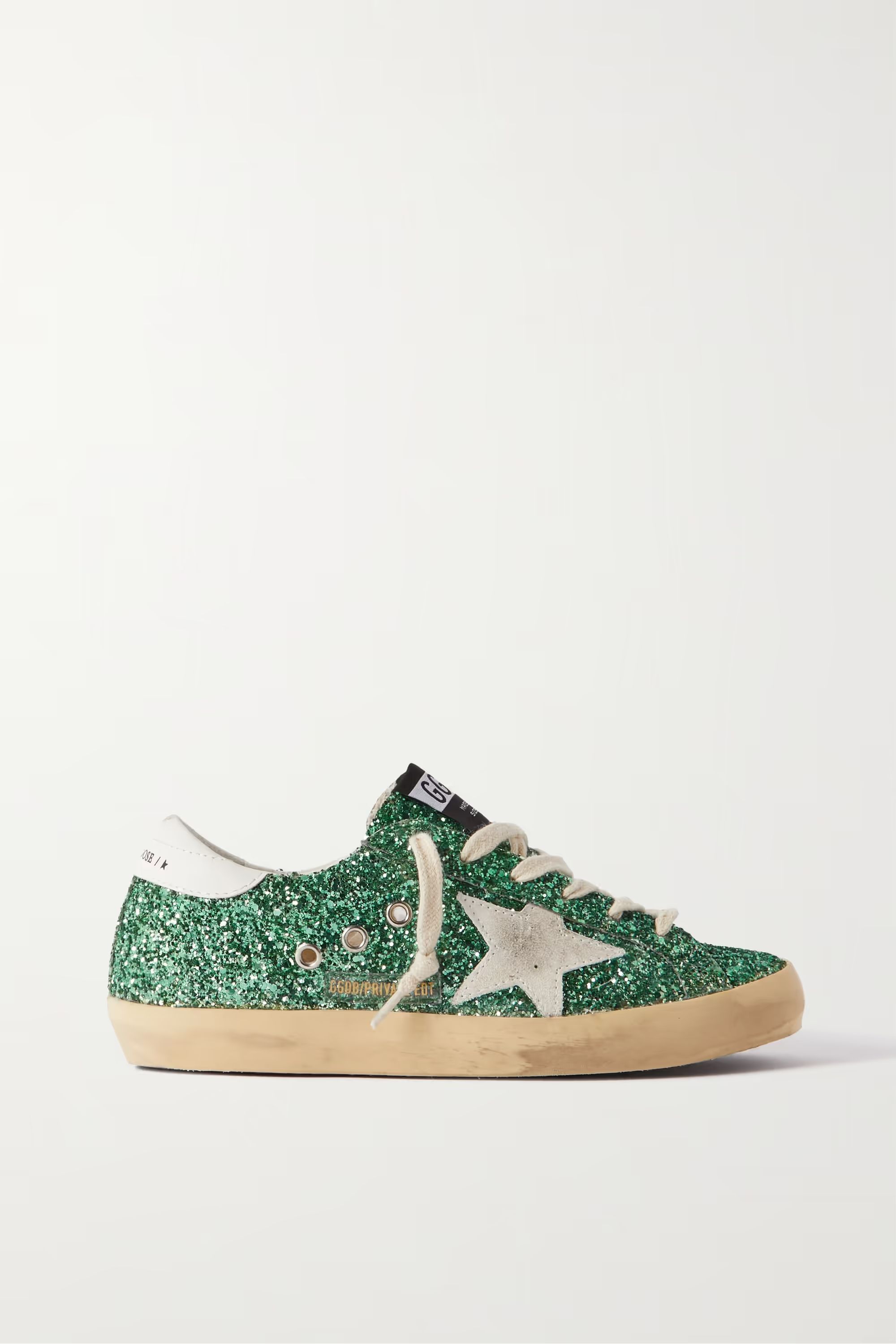 Superstar distressed suede-trimmed glittered leather sneakers | NET-A-PORTER (US)
