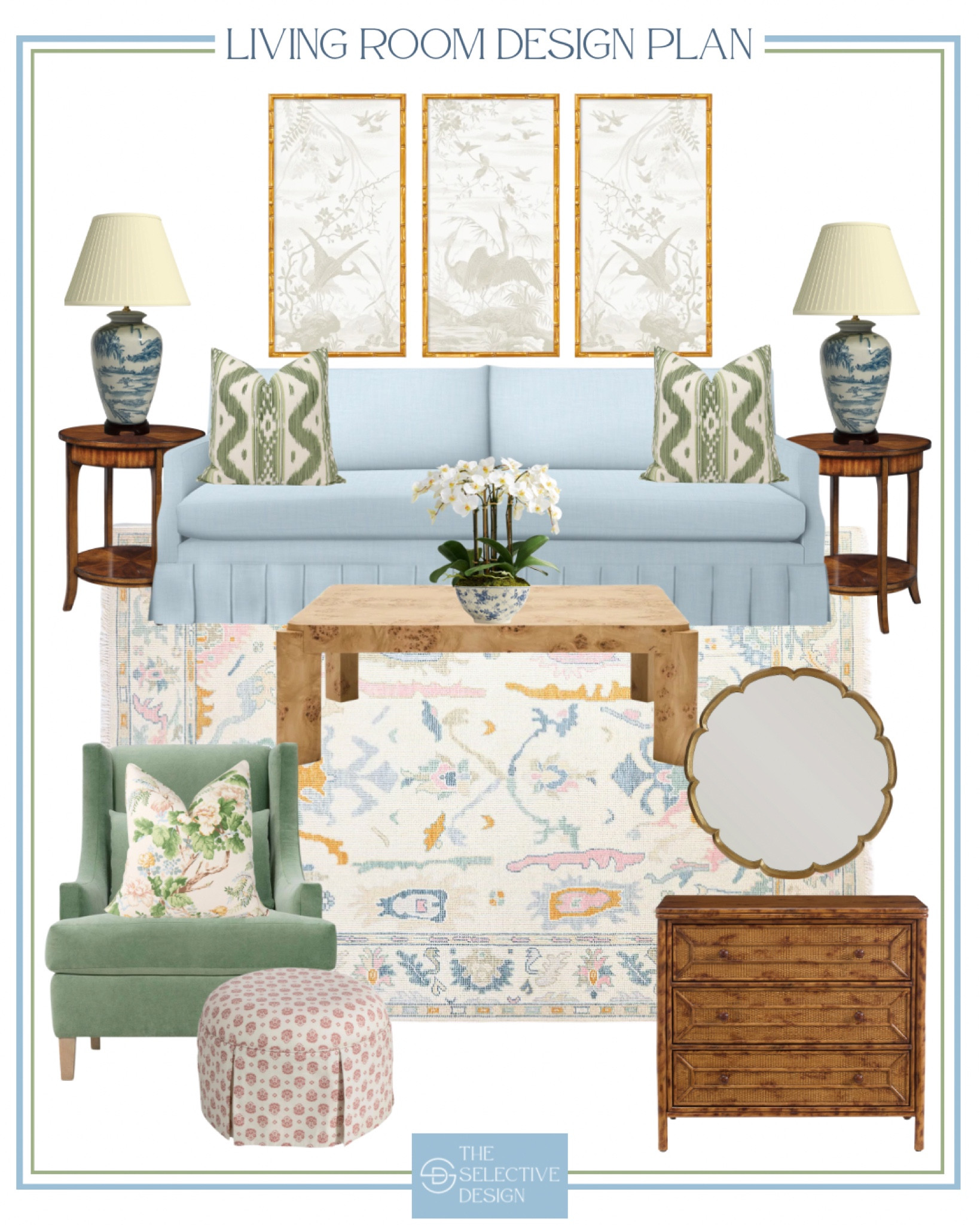 A classic and colorful living room design plan 😍

Chinoiserie art, blue sofa, wood side table, burl wood coffee table, burlwood coffee table, green pillow, faux orchid, green chair, accent chair, floral pillow, pink ottoman, upholstered ottoman, living room ottoman, living room chest, bamboo chest, scalloped mirror, gold mirror, oushak rug, colorful oushak rug, classic contemporary home decor, southern home decor, traditional southern home decor, living room decor, living room inspiration, living room inspo, timeless decor, timeless home decor, classic home decor, traditional home decor, elegant home decor, timeless living room, Grandmillennial living room, Grandmillennial home decor, classic home, traditional home, timeless home, colorful home, colorful living room, living room design plan, pops of color, neutral with pops of color, chinoiserie lamp 

#LTKSaleAlert #LTKHome #LTKStyleTip