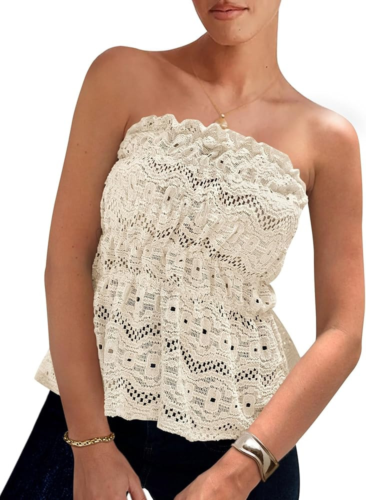 PRETTYGARDEN Women's Boho Tube Tops 2025 Summer Strapless Off Shoulder Eyelet Smocked Peplum Tren... | Amazon (US)