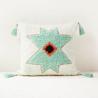 Geometric Medallion Tufted Square Throw Pillow Cream/Light Teal - Opalhouse™ designed with Jung... | Target