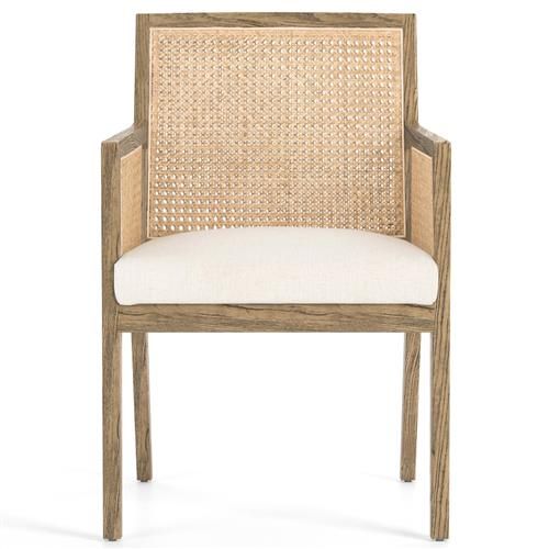 Annette Coastal Beach Brown Cane Wood Frame White Performance Dining Arm Chair | Kathy Kuo Home