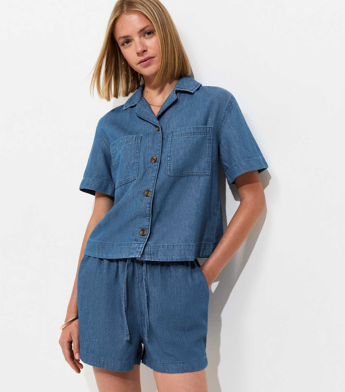Blue Denim Pull On Drawstring Shorts | New Look | New Look (UK)