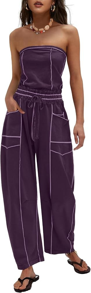 Womens Casual Strapless Jumpsuits off the Shoulder Summer Rompers Sleeveless One Piece Outfits wi... | Amazon (US)