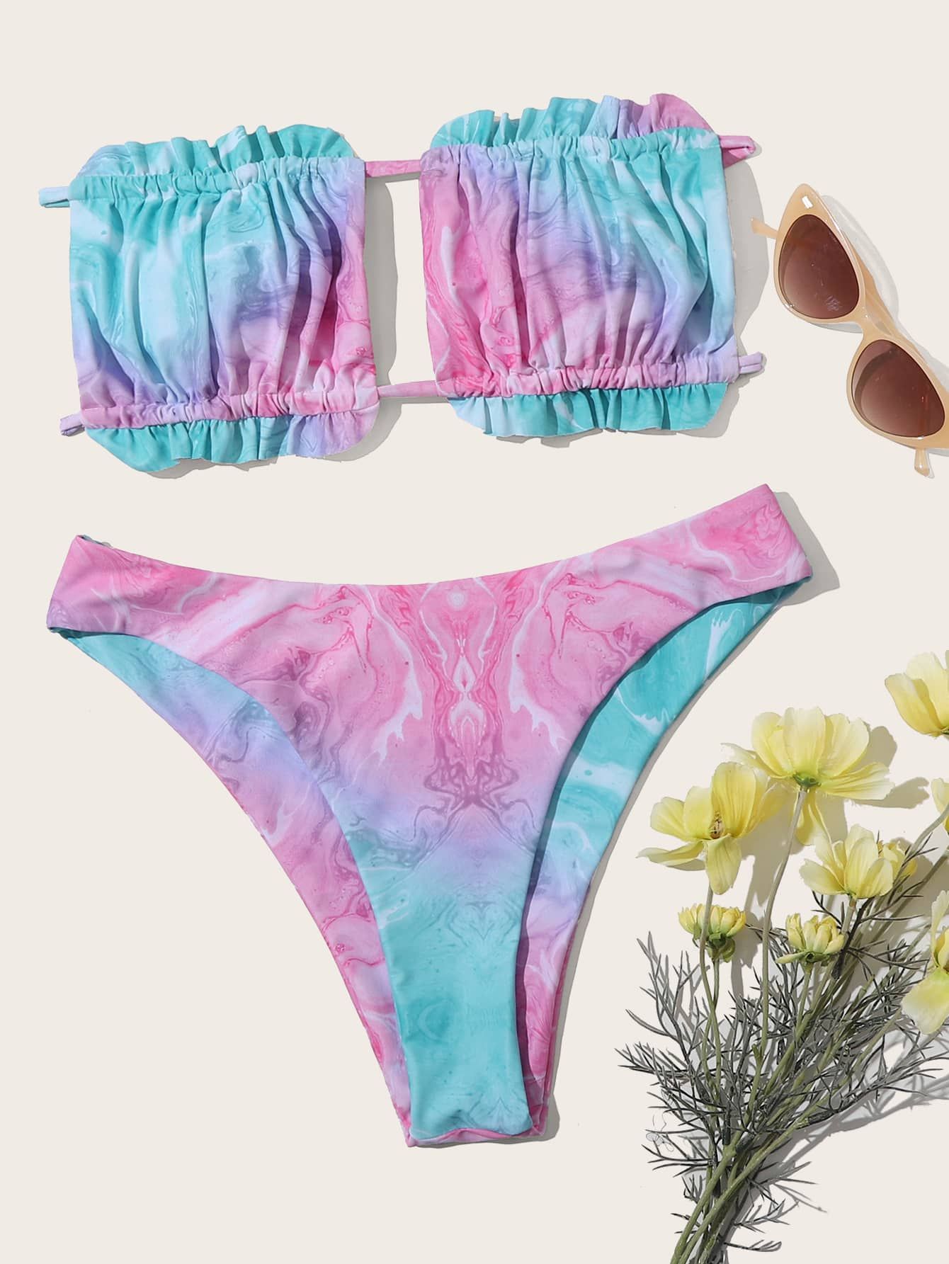 Marble Print Ruched Frill Bandeau Bikini Swimsuit | SHEIN