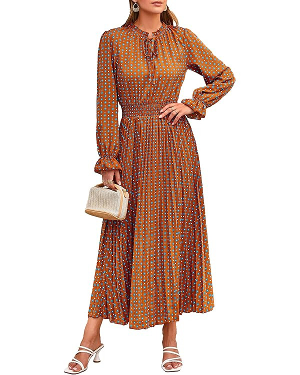 PRETTYGARDEN Women's 2025 Spring Fall Midi Dress Casual Long Sleeve V Neck Swiss Dot Pleated A Li... | Amazon (US)
