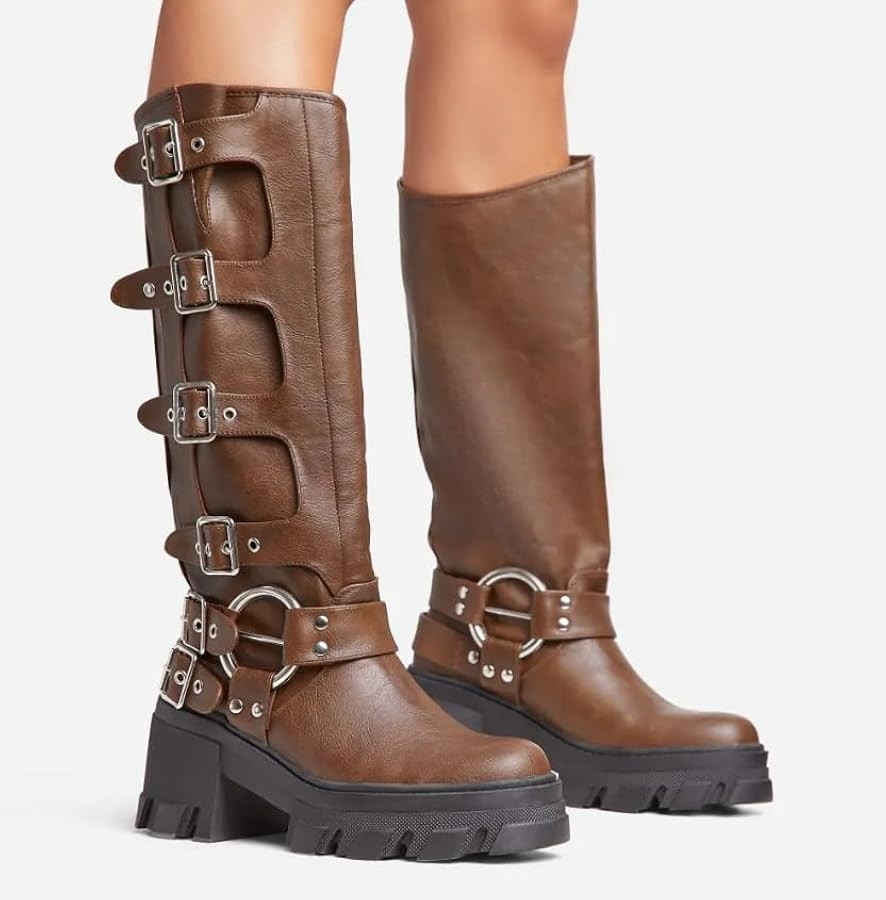 Lemonade Buckle Up Now Women's Side Buckle Detail Chunky Sole Mid Calf Biker Boot | Amazon (US)