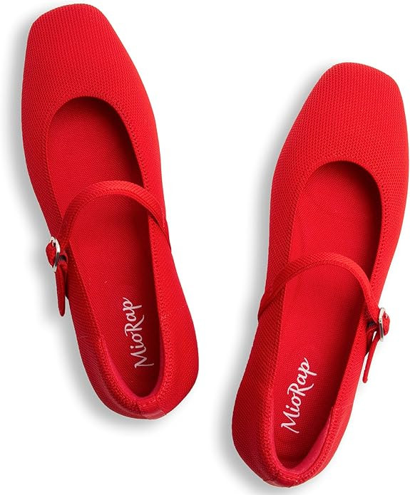 Square Toe Mary Jane Flats for Women Dressy Comfortable Knit Ballet Flat Adjustable Strap for Wor... | Amazon (US)