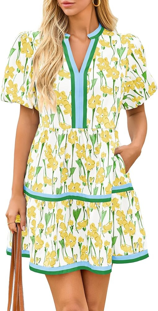 Cicy Bell Womens Summer Puff Sleeve V Neck Floral Mini Boho Beach Dresses | Amazon (US)