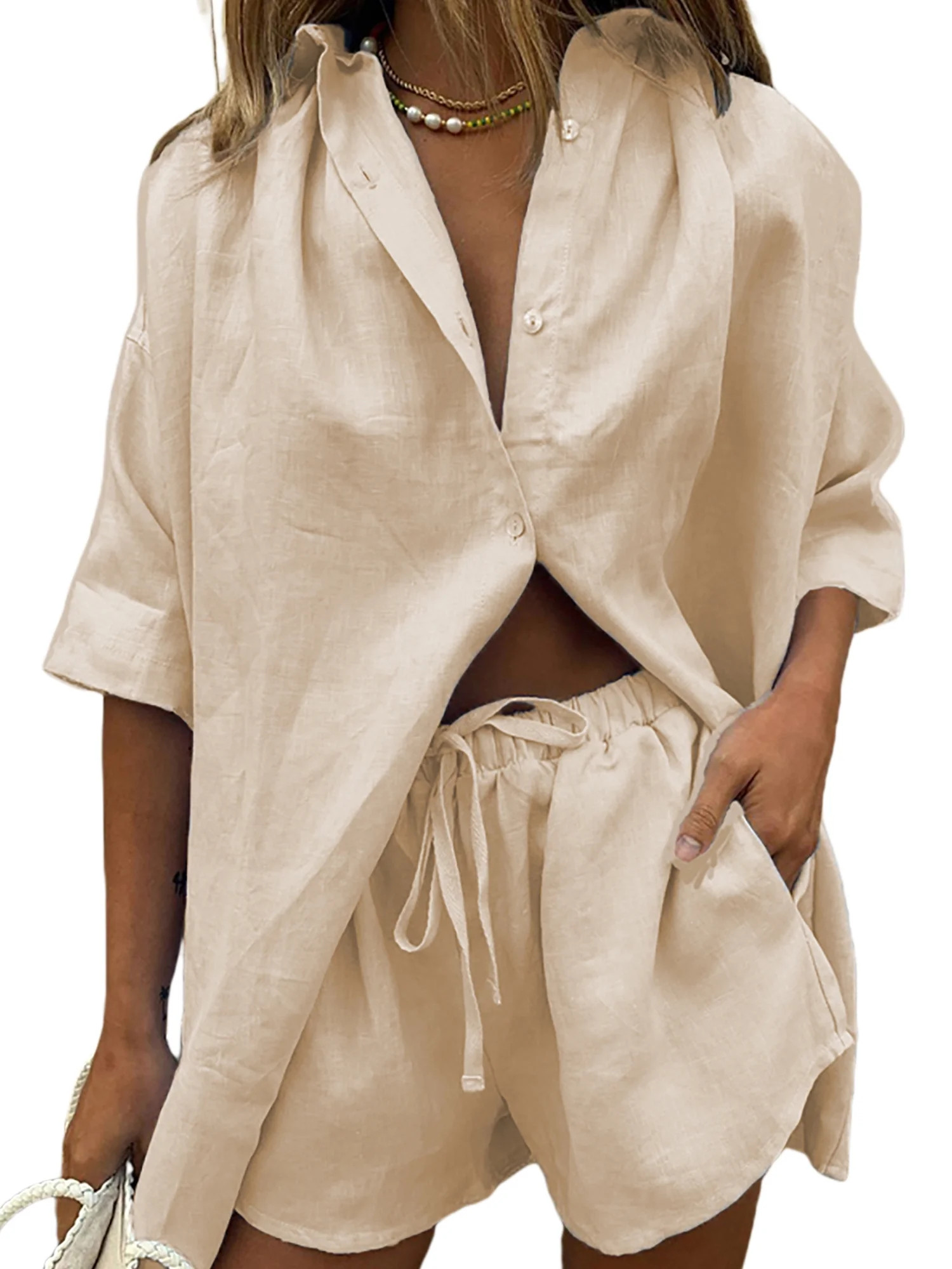 Merqwadd Women's Casual 2Pcs Outfit Set Long Sleeve Shirt Loose Drawstring Shorts Tracksuit Sweat... | Walmart (US)