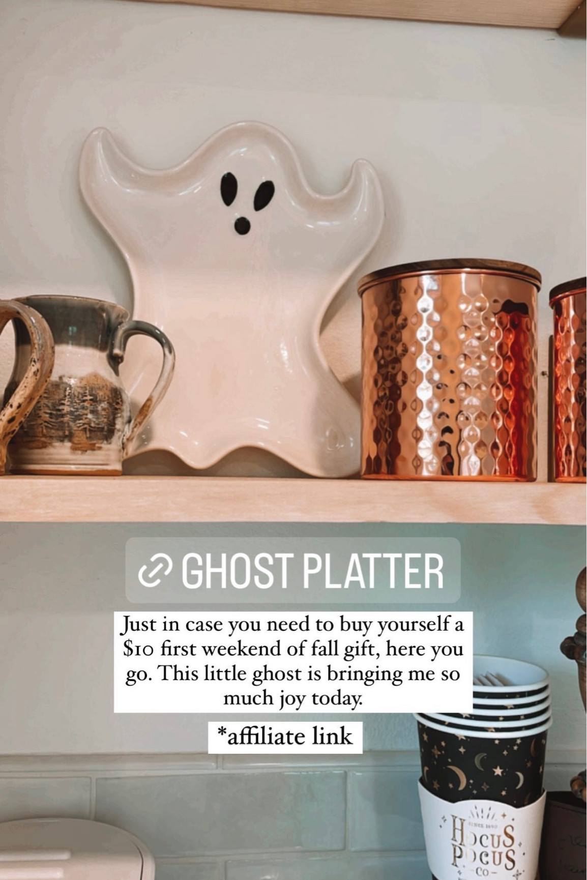 Spooky ghost platter from Walmart and under $10! Makes such a cute piece to add to your Halloween decor! 👻 


Halloween decor, Halloween home decor, Halloween finds, Walmart finds, kitchen shelves, kitchen open shelving, fall decor 

#LTKHalloween #LTKSeasonal #LTKhome