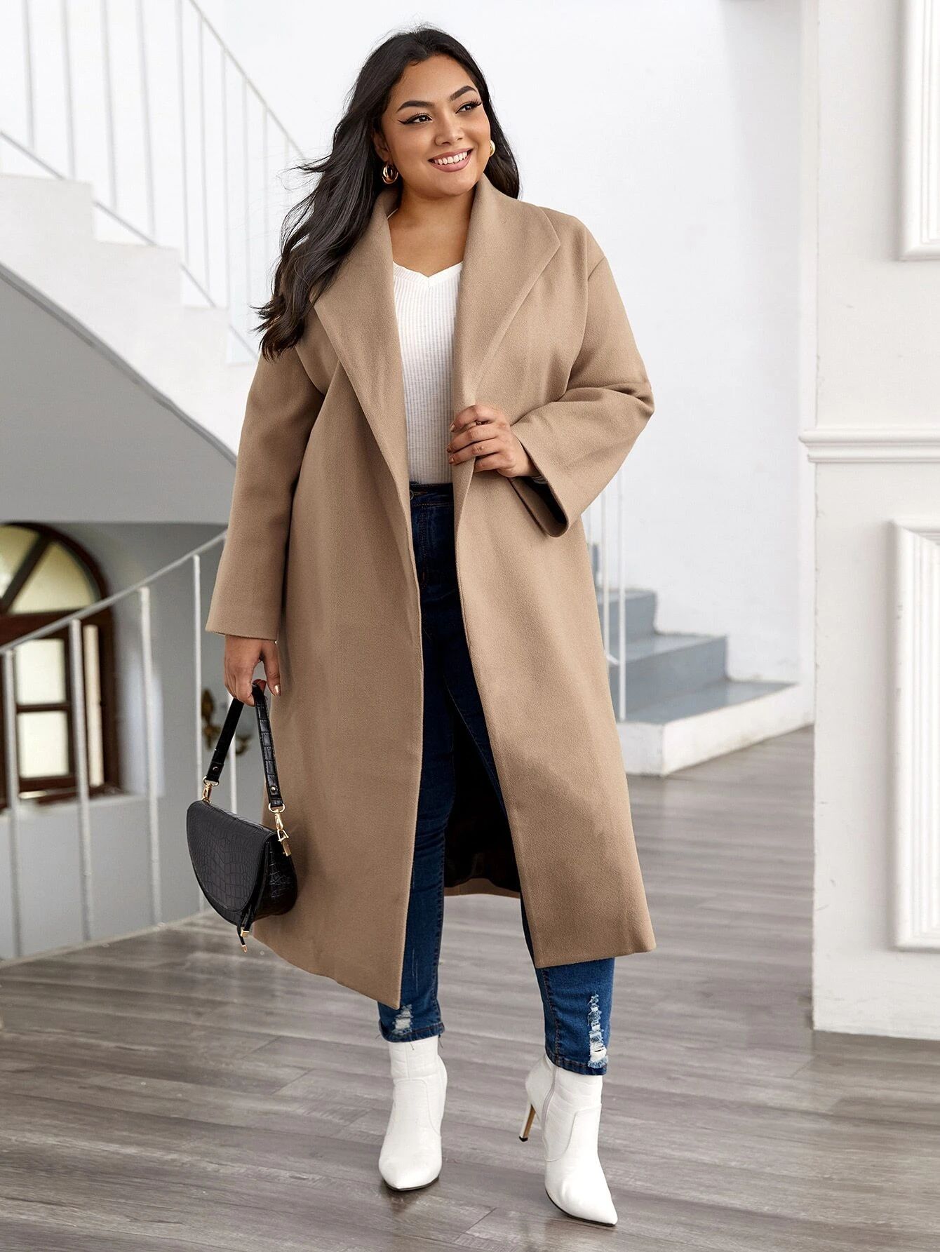 Plus Solid Shawl Neck Overcoat | SHEIN