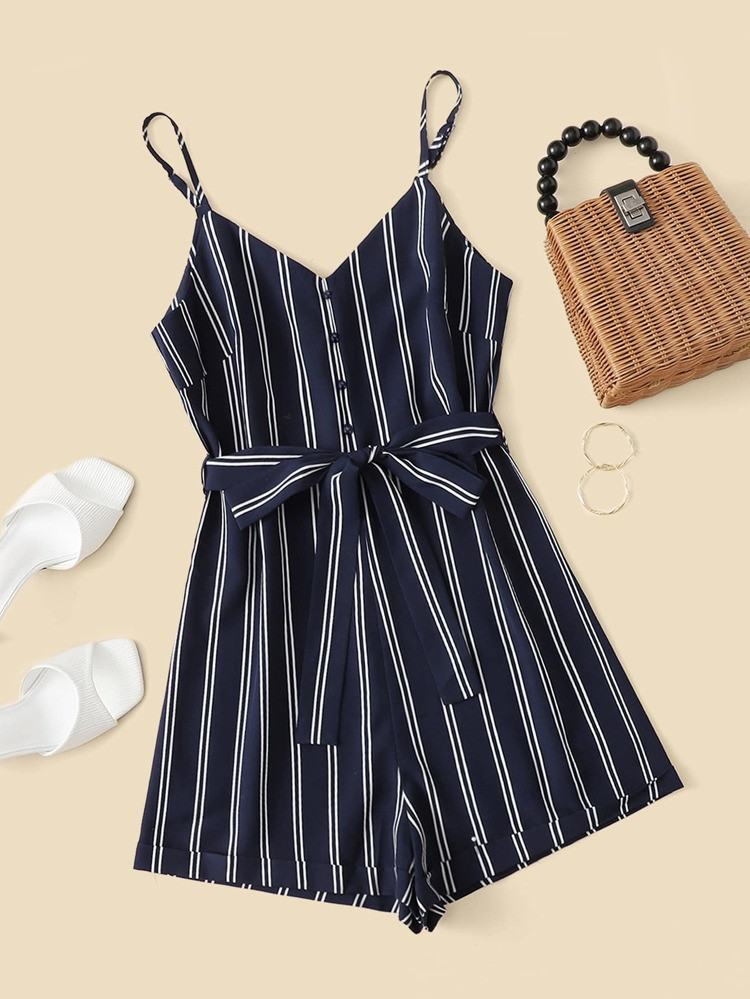 Striped Belted Cami Romper | SHEIN
