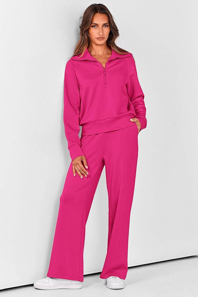 PRETTYGARDEN Women's 2 Piece Outfits Casual Lapel Half Zip Sweatshirts and Wide Leg Pants Tracksu... | Amazon (US)
