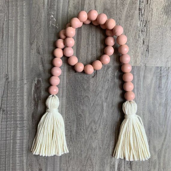 Blush Pink Wood Bead Garland 28” Strand Ivory Tassels Wood Beads Neutral Tiered Tray Decor Tran... | Etsy (US)