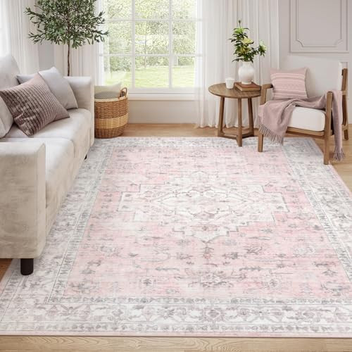 LIVEBOX Pink 8x10 Area Rug for Bedroom Girls, Boho Washable Rugs for Living Room Nursery, Non-Slip Indoor Soft Carpet Low-Pile Farmhouse Carpets for Dining Room Kids Playroom, Pink | Amazon (US)