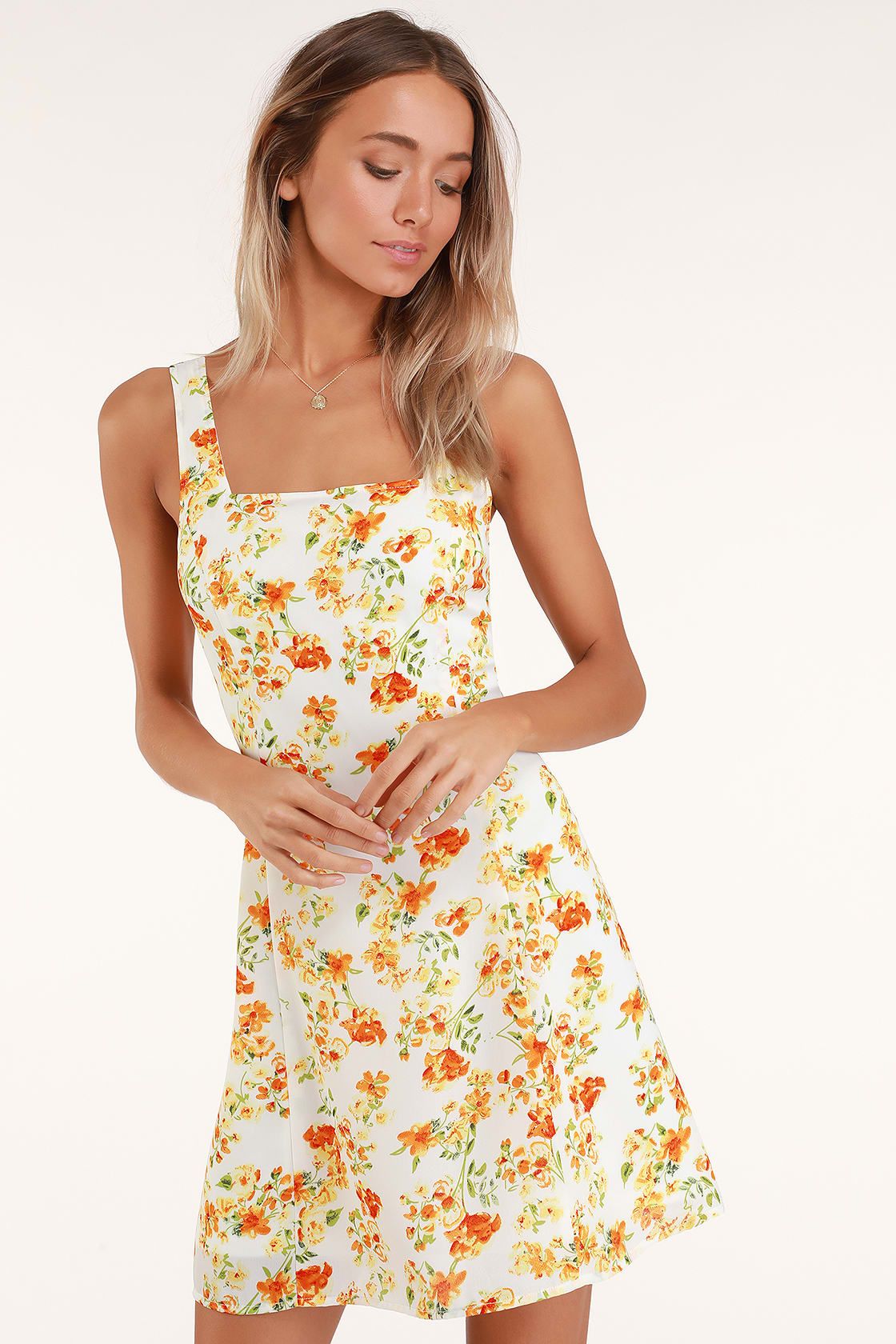 Day Date White and Orange Floral Print Tie-Back Dress | Lulus