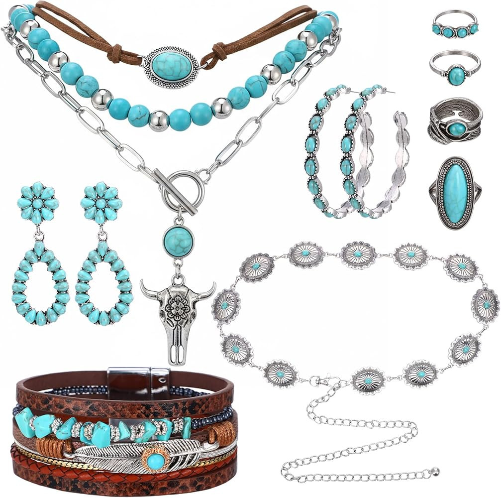 Western Jewelry Set - Boho Turquoise Dangle Earrings Necklace Faux Leather Bracelet Ring with Con... | Amazon (US)