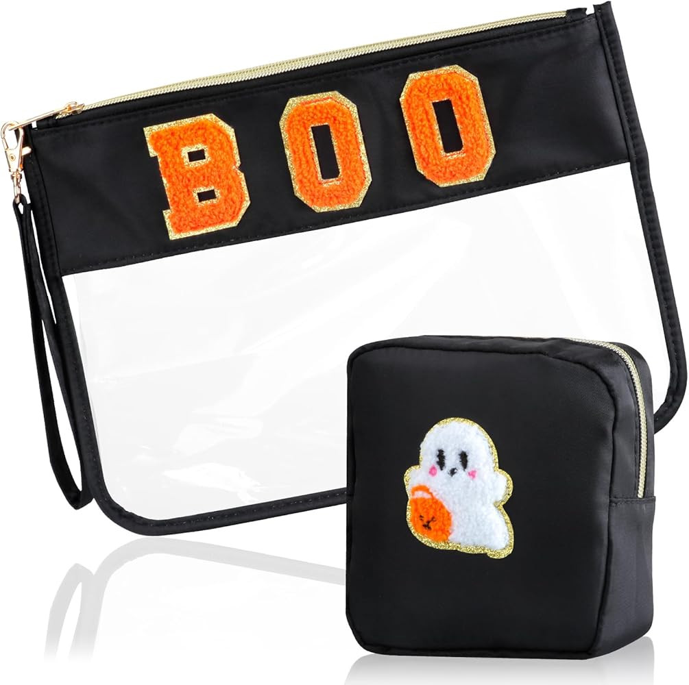 2 Pcs Halloween Gifts Cosmetic Makeup Bag with Boo Chenille Letter Patch, Clear Pouch PVC Organiz... | Amazon (US)