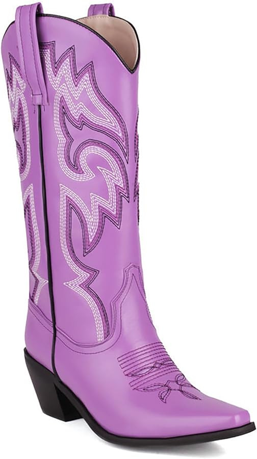 Women'S Leather Low Block Heel Western Cowboy Boots Classic Pointed Toe Embroidery Pull-On Chunky... | Amazon (US)