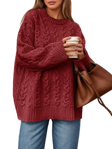 Saodimallsu Womens Cable Knit Sweater Oversized Long Sleeve Chunky Knit Crew Neck Fall Pullover Sweaters Top Burgundy | Amazon (US)