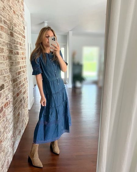 Denim blue shirt sleeve midi shirt dress with tan western boots.

#LTKsalealert #LTKstyletip #LTKshoecrush