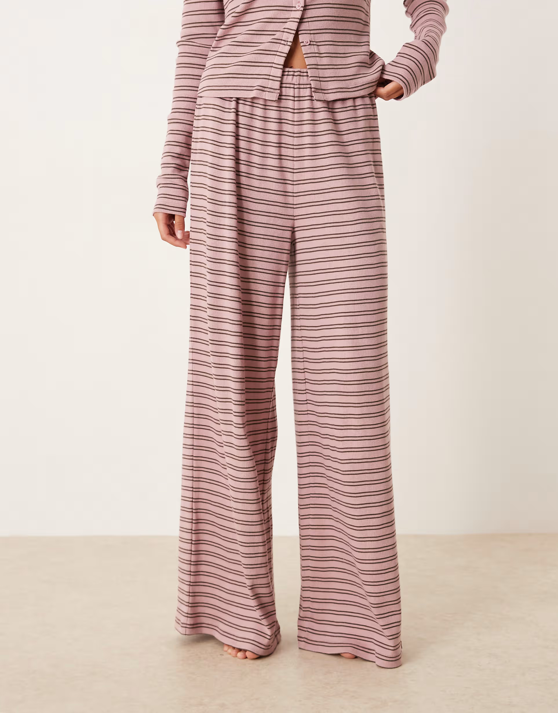 ASOS DESIGN rib wide leg pyjama trouser in pink & brown stripe | ASOS | ASOS (Global)