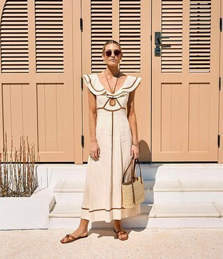 Antonio Melani x M.G. Style Kurry Flounce Shoulder Tie Neck Cut Out Linen Blend Dress | Dillard's | Dillard's