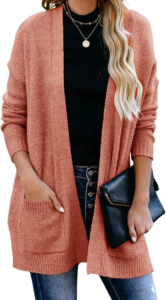 Foshow Women's Open Front Cardigan Sweaters Casual Long Sleeve Side Split Knit Kimono Sweater Out... | Amazon (US)