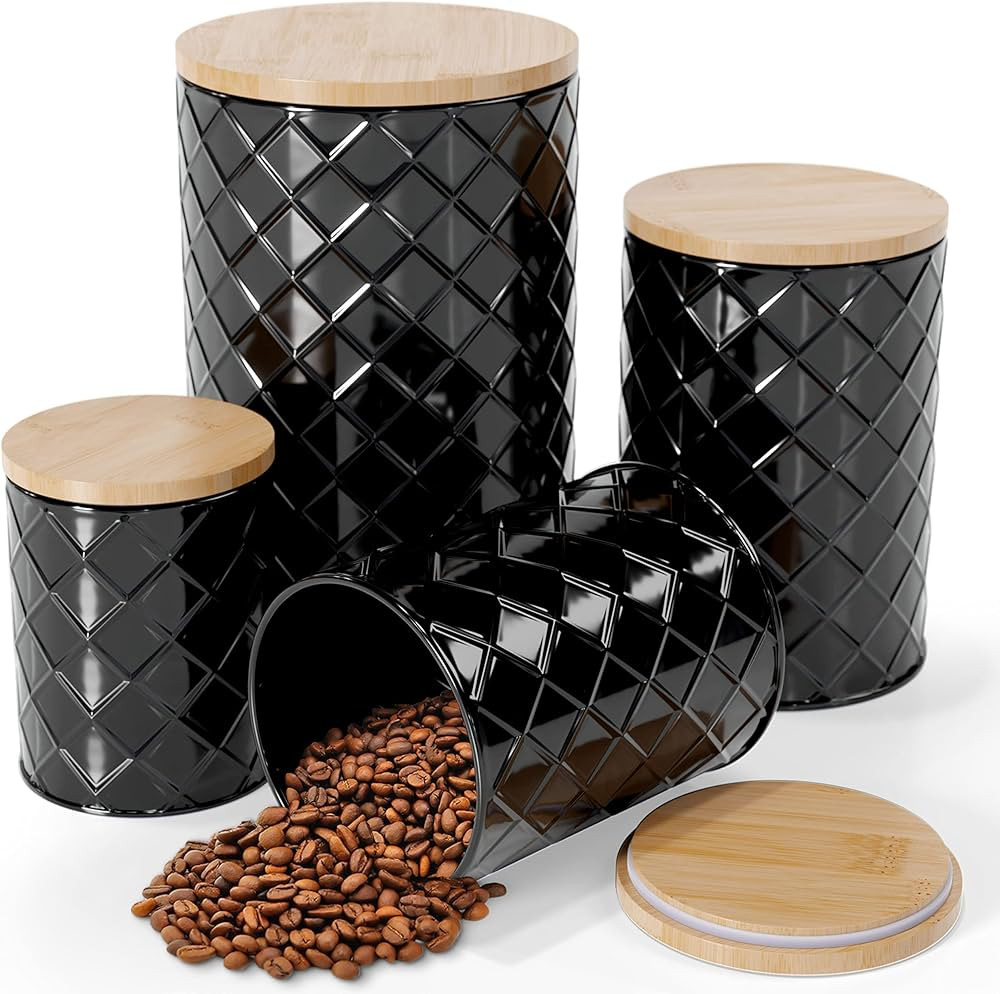 Pebble & Stem Black Metal Canisters Sets for Kitchen Counter, Kitchen Canisters Set of 4, Airtigh... | Amazon (US)