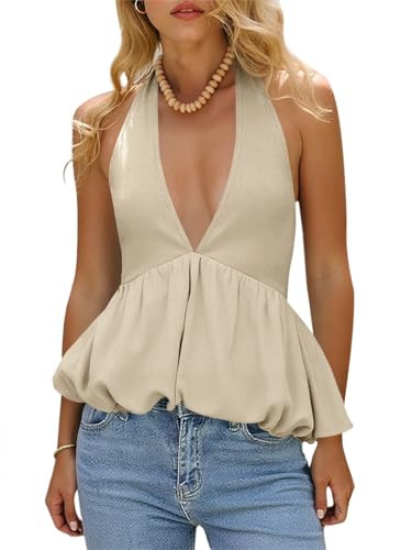 Tankaneo Womens Deep V Neck Halter Tank Tops Summer Trendy Casual Bubble Hem Tie Back Sleeveless Shirts Apricot | Amazon (US)