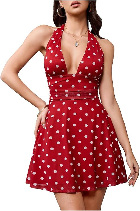 Milumia Women's Polka Dots Ruched Backless Halter Mini Dress Sexy Deep V Neck A Line Short Dresse... | Amazon (US)