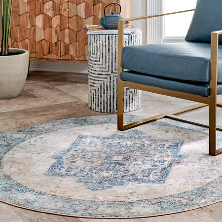 Light Blue Fringed Medallion  Area Rug | Rugs USA
