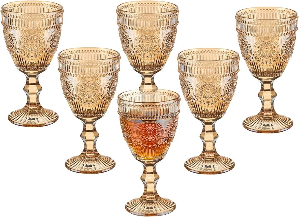 Vintage Wine Glasses Set of 6, 10 Ounces Colored Glass Water Goblets, Unique Flower Embossed Patt... | Amazon (US)