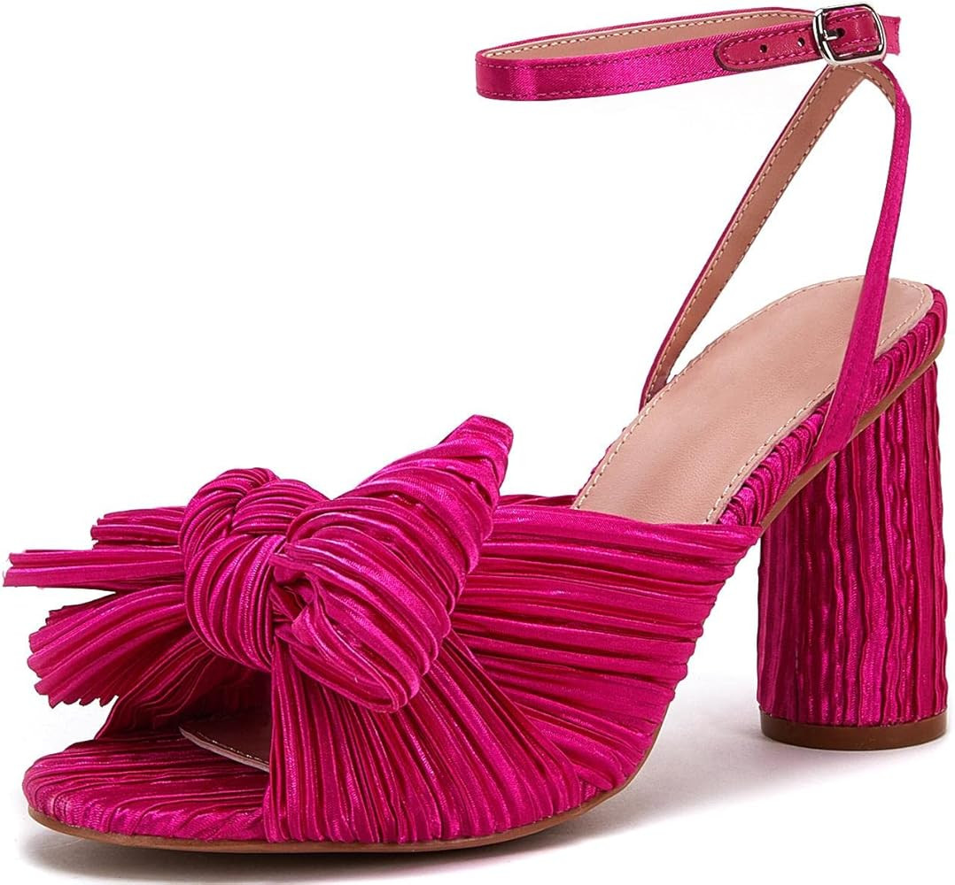 VETASTE Women's Bow Knot Heeled Sandals Bridal Wedding Open Toe Ankle Strap Chunky Heels | Amazon (US)