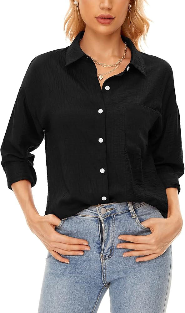 VIISHOW Womens Casual Button Up Shirts V Neck Long Sleeve Button Down Blouses Top with Pockets | Amazon (US)