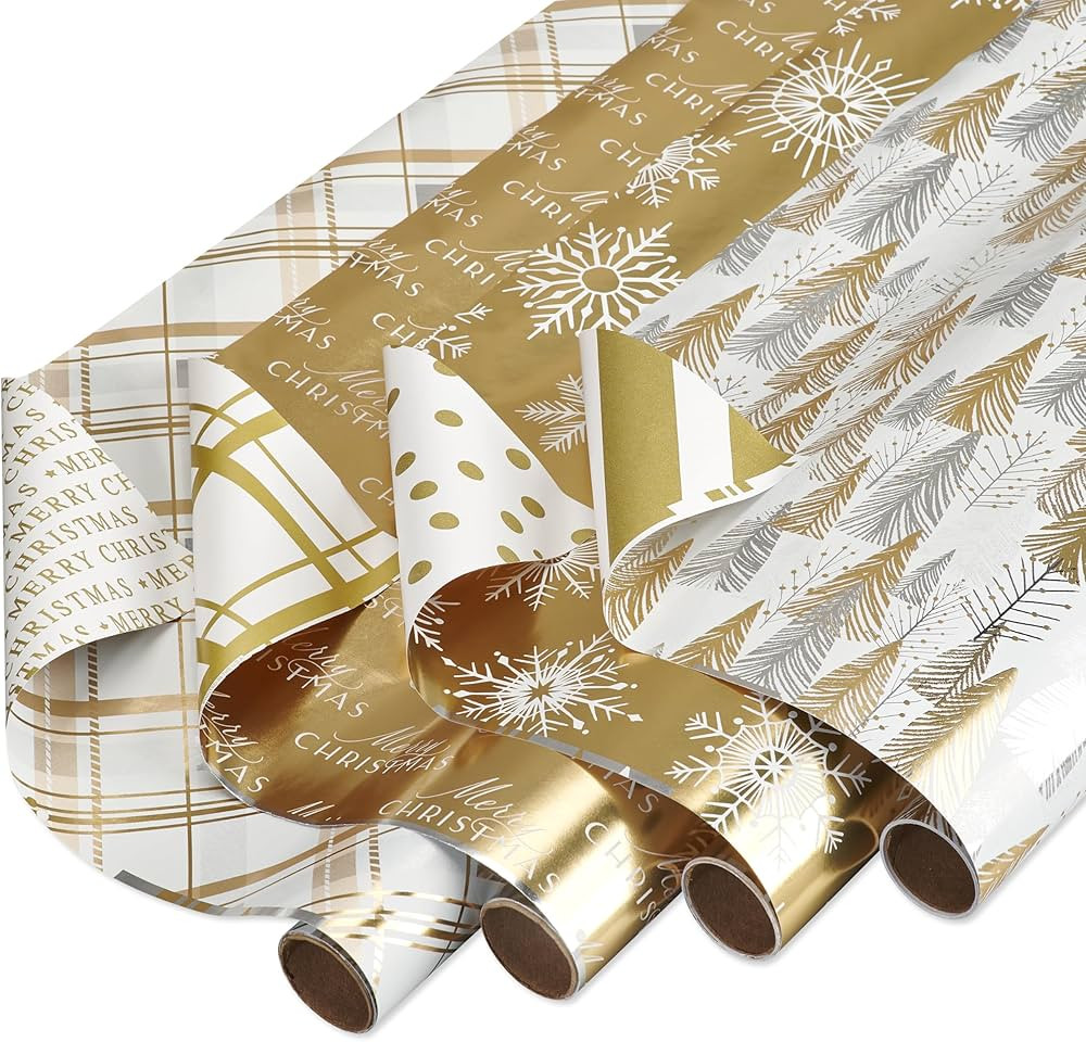 American Greetings 80 sq. ft. Gold Wrapping Paper Bundle (Snowflakes) for Christmas, New Years, a... | Amazon (US)