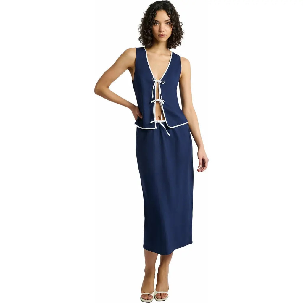 Onia Air Linen Tie Front Tank in Deep Navy/white at Nordstrom, Size Xx-Small | Nordstrom