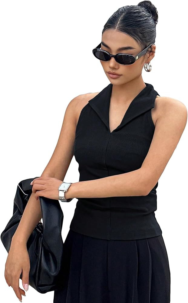 Floerns Women's Solid Sleeveless Button Front Halter Neck Rib Knit Tank Top | Amazon (CA)