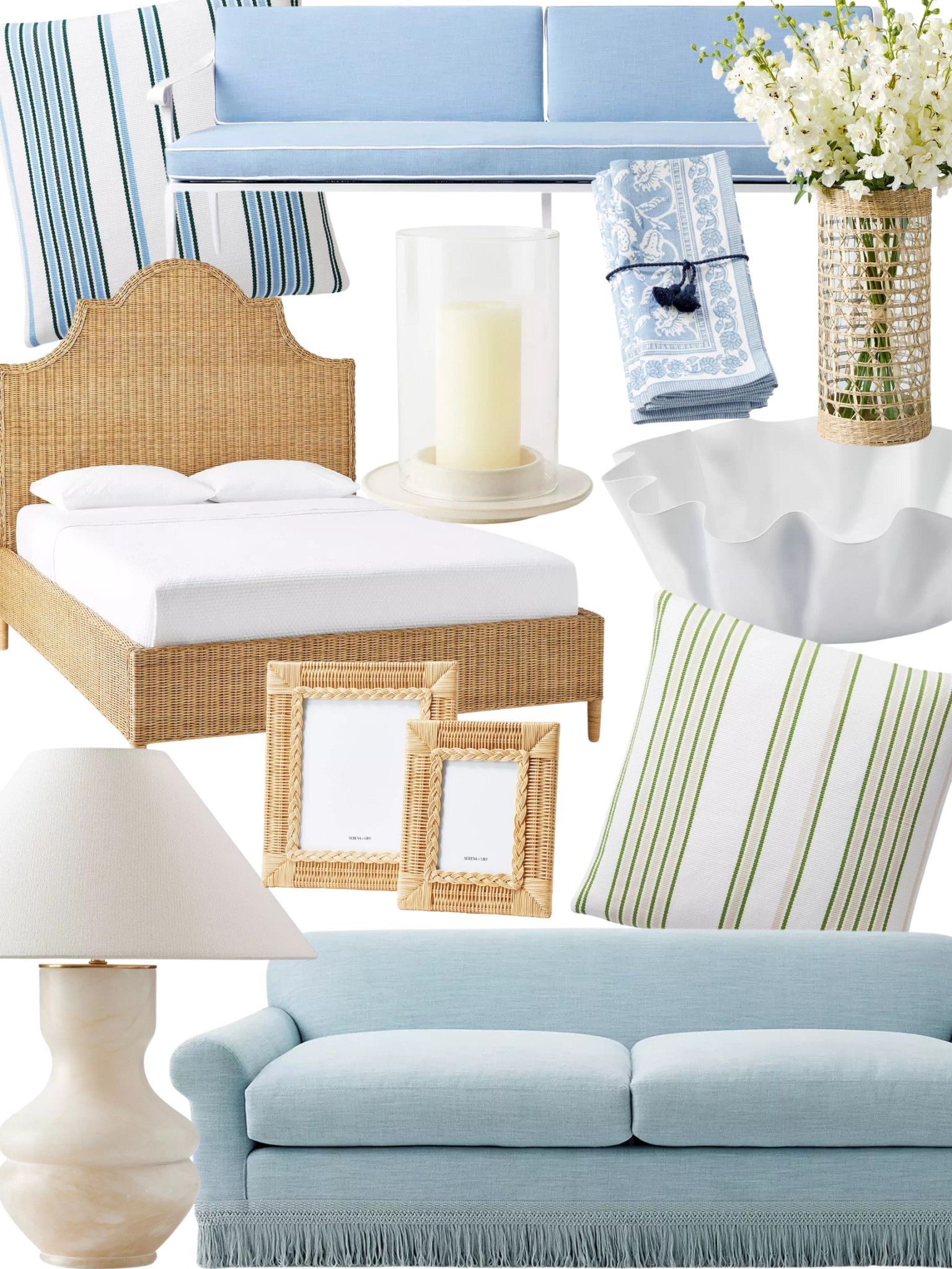 Coastal home decor finds; wicker bed, wicker frames, striped pillows, lamp, blue sofa, outdoor rod iron soft, block print napkins, wavy bowl

#LTKhome #LTKsalealert #LTKfindsunder100