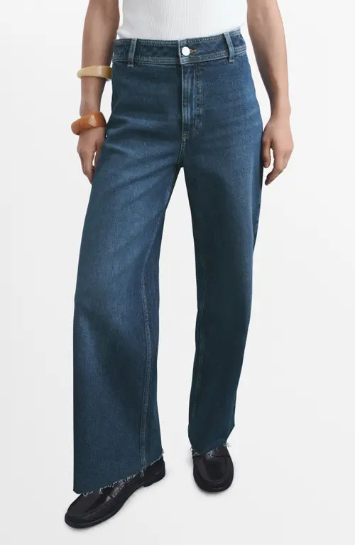 MANGO Catherin Frayed High Waist Wide Leg Culotte Jeans in Dark Blue at Nordstrom, Size 6 | Nordstrom