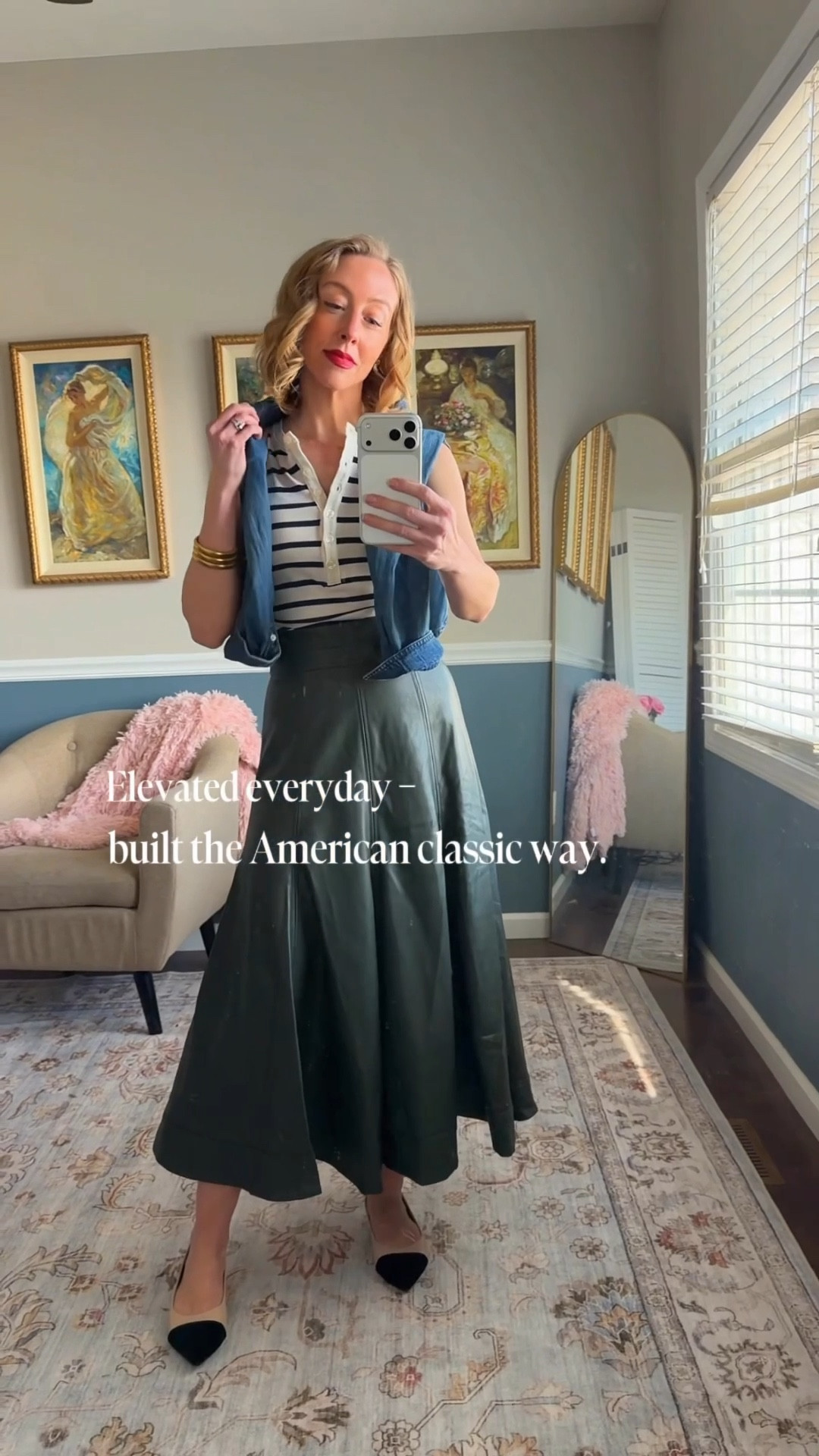 Striped knit top, structured green midi skirt, denim shirt draped over shoulders, black cap-toe heels, beige quilted shoulder bag.

Classic heritage-inspired spring outfit.

Timeless American style.

#LTKootd #LTKSeasonal #LTKspring