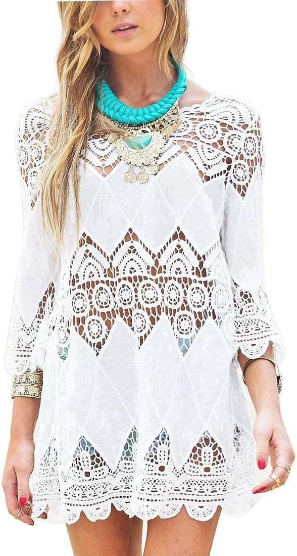 Women's Bathing Suit Cover Up Lace Crochet Tunic Bikini Beach Dress (M, White) | Amazon (US)