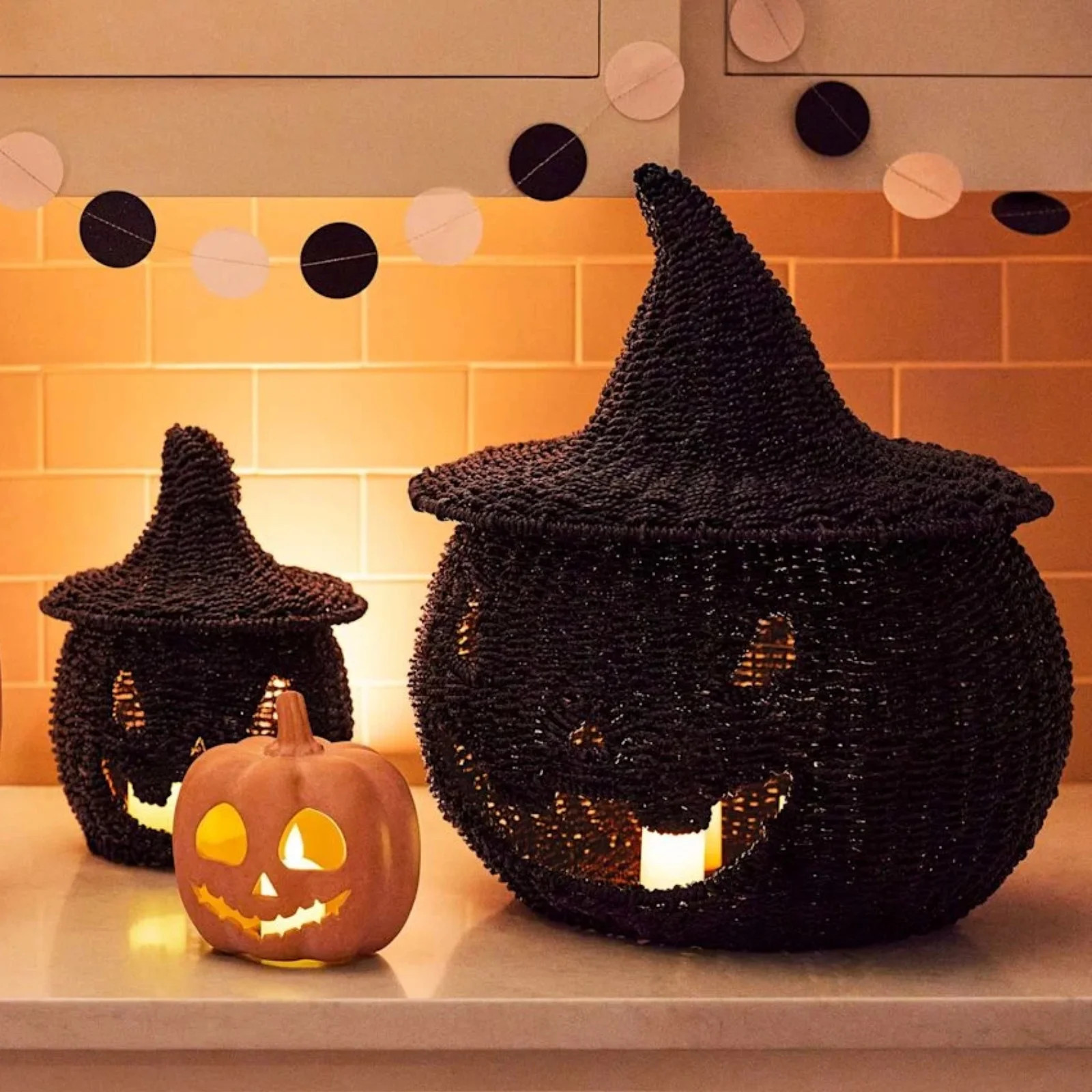 Cogleahco Handmade Knit Pumpkin Lantern, Halloween Decor: Happy Haunting Seagrass & Metal Pumpkin... | Walmart (US)