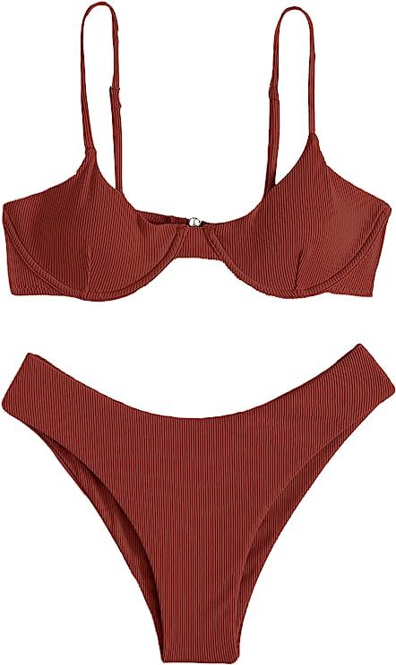 SheIn Women's 2 Piece Underwire Bikini Set Triangle High Waisted Swimsuit High Cut Thong Ribbed K... | Amazon (US)